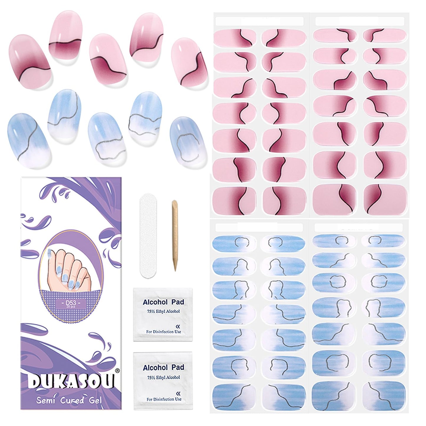 DUKASOU Semi Cured Gel Nail Strips Set, 56Pcs Nail Art Stickers/Wraps, Long Lasting UV Nail Polish Strips for Adults(Blue+pink)