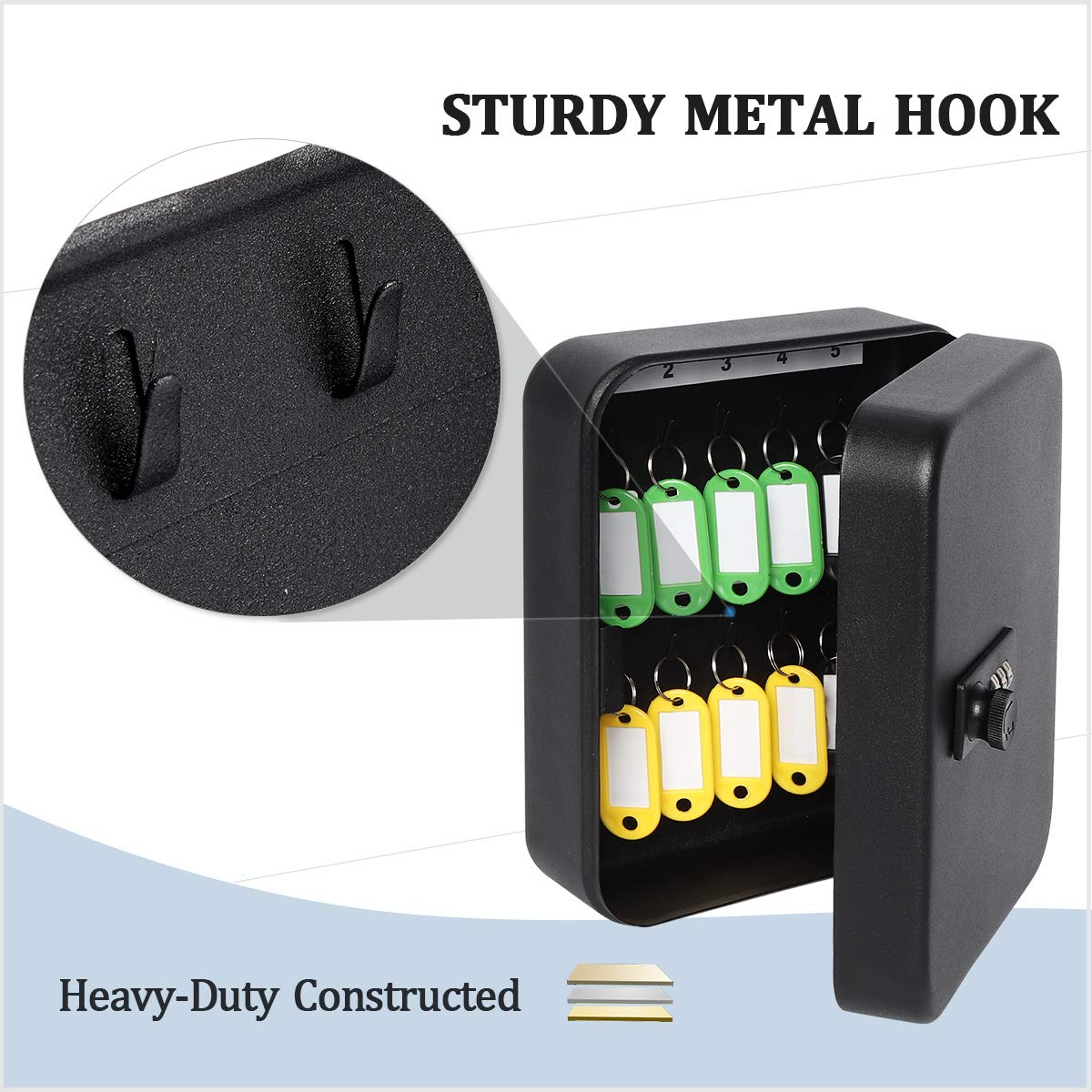 Decaller 20 Key Storage Lock Box with Code, Wall Mount Metal Security Key Cabinet with Combination Lock, 7.87" x 6.30" x 2.95", Black