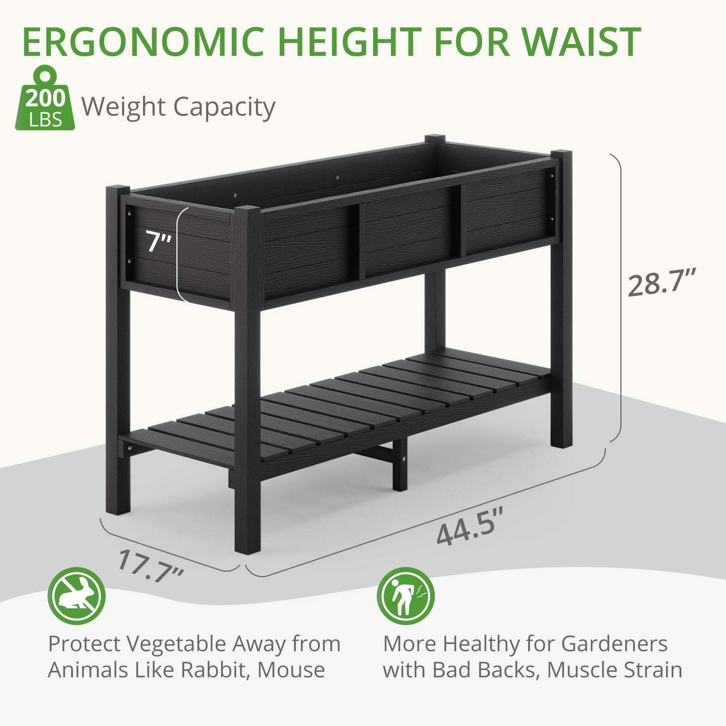 LUE BONA Raised Garden Bed with Tools, 45*18*29 in, Poly Elevated Planter Box with Legs And Storage Shelf, Weather Resistant, 3-Year Warranty, Standing Growing Bed Herb Planter for Vegetable, Black