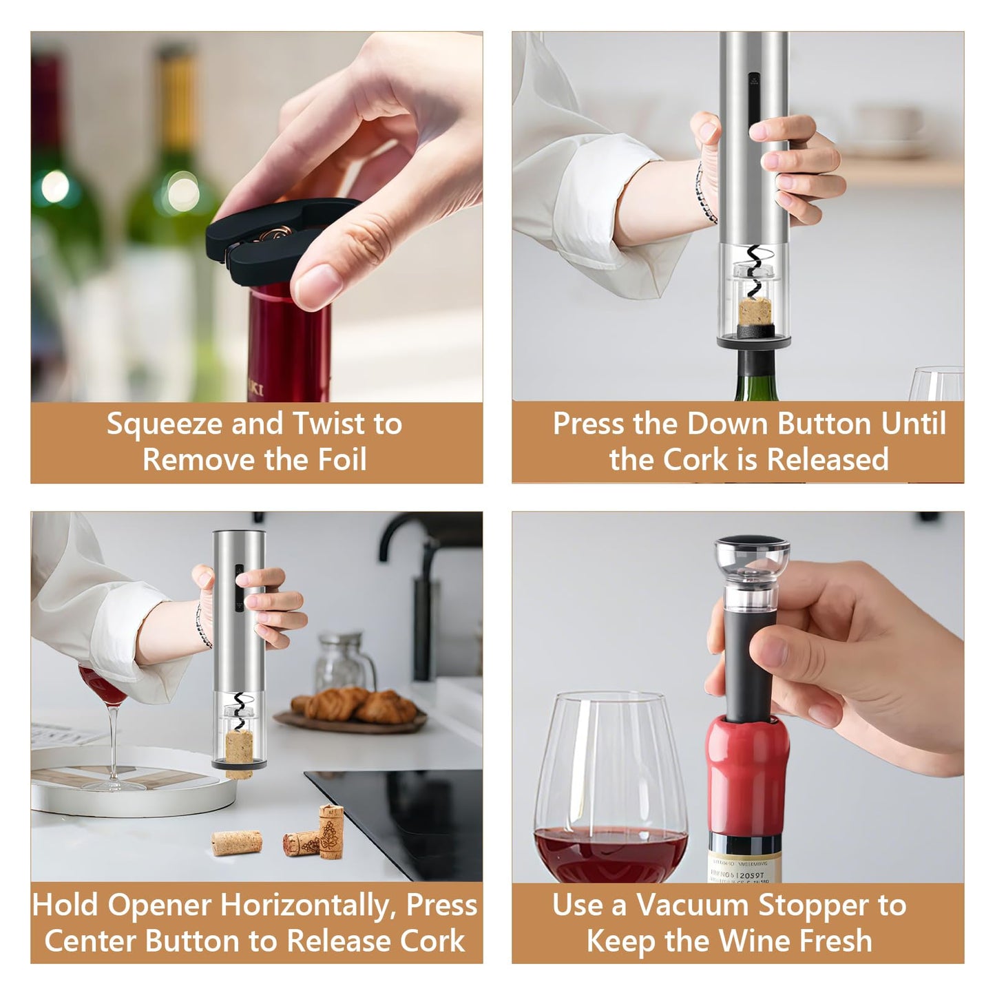 Electric Wine Opener - 5 Piece Set with Storage Base,Foil Cutter,Aerating Pourer & Vacuum Stoppers | USB-C Rechargeable | 40+ Opens Per Charge | Wine Opener Gift for Wine Lovers