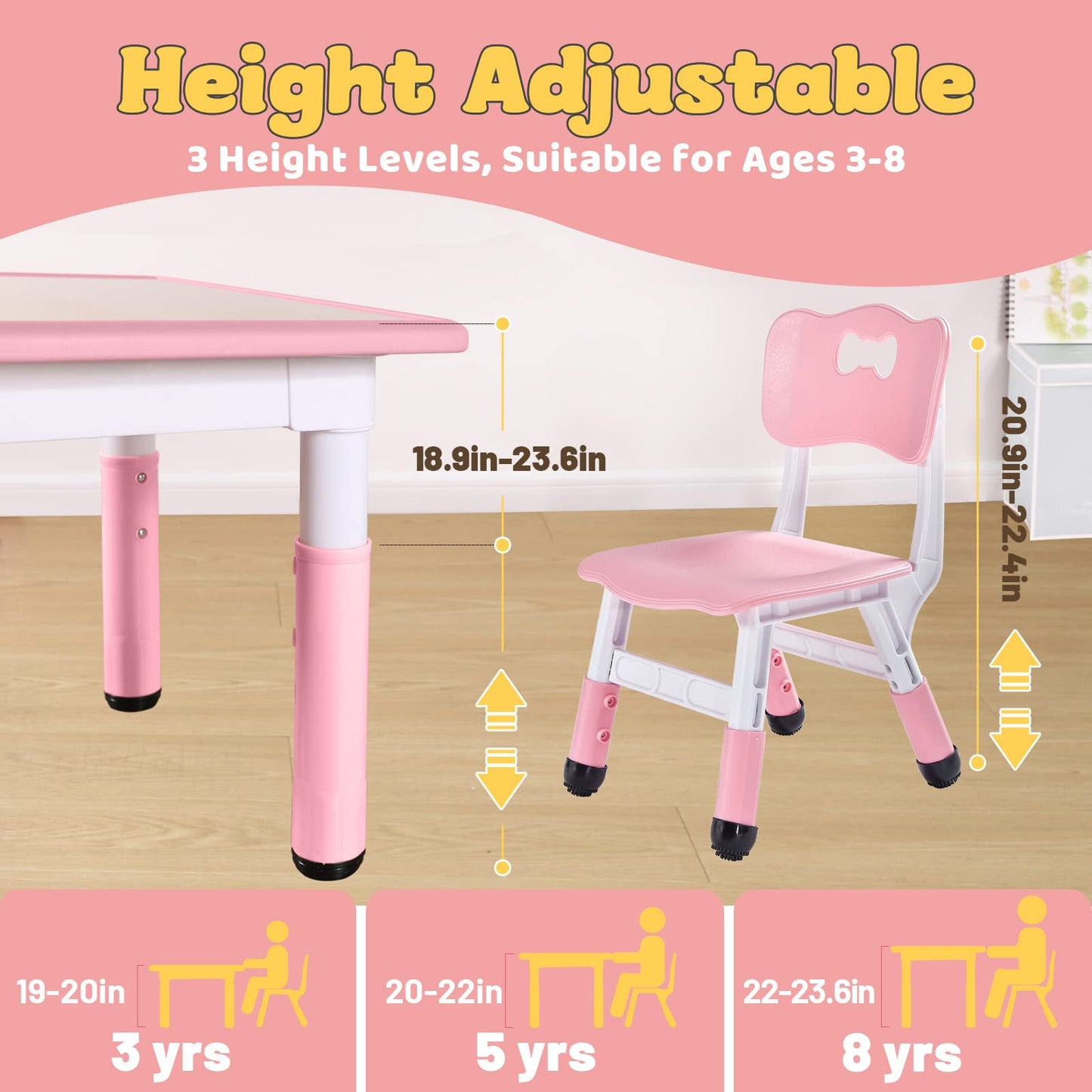 FUNLIO Kids Table and 2 Chairs Set, Height Adjustable Toddler Table and Chair Set for Ages 3-8, Easy to Wipe Arts & Crafts Table, for Classrooms/Daycares/Homes, CPC & CE Approved (3pcs Set) - Pink