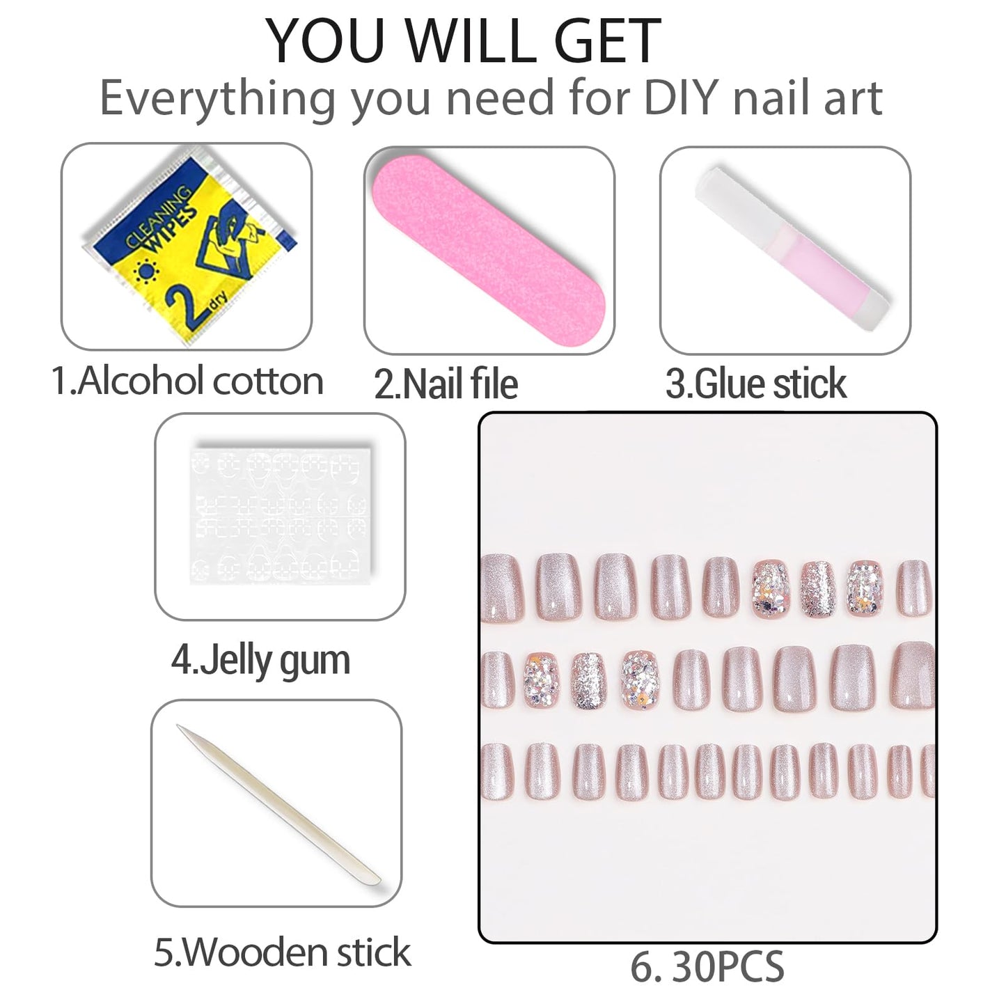 WAFOLOZE Press On Nails Short Square Fake Nails With Glue, Ice Crystal Stone Cat's Eye Nail Press Ons With Exploding Sparkles Design, Artificial False Nails Stick On Nails for Women-30Pcs