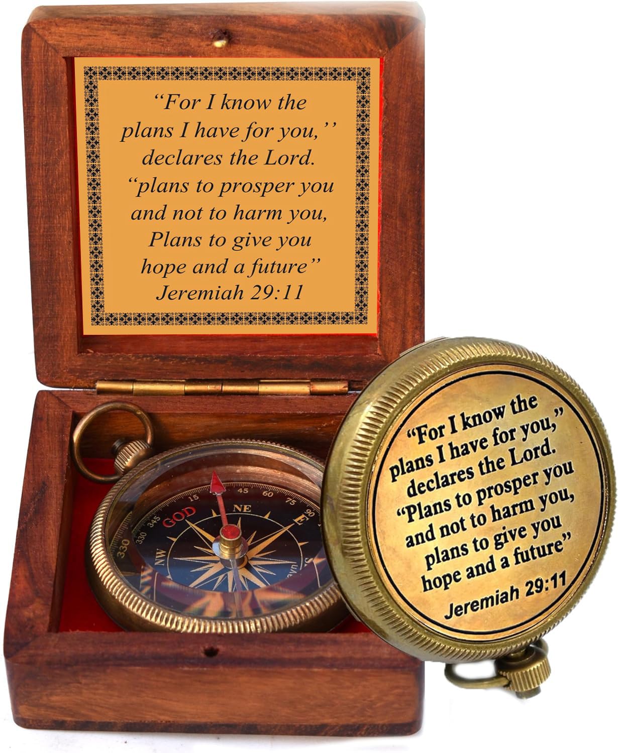 I Know The Plans I Have for You Engraved Compass with Wooden Box, Jeremiah 29 11 - Christian & Catholic Gifts for Men, Women & Graduation
