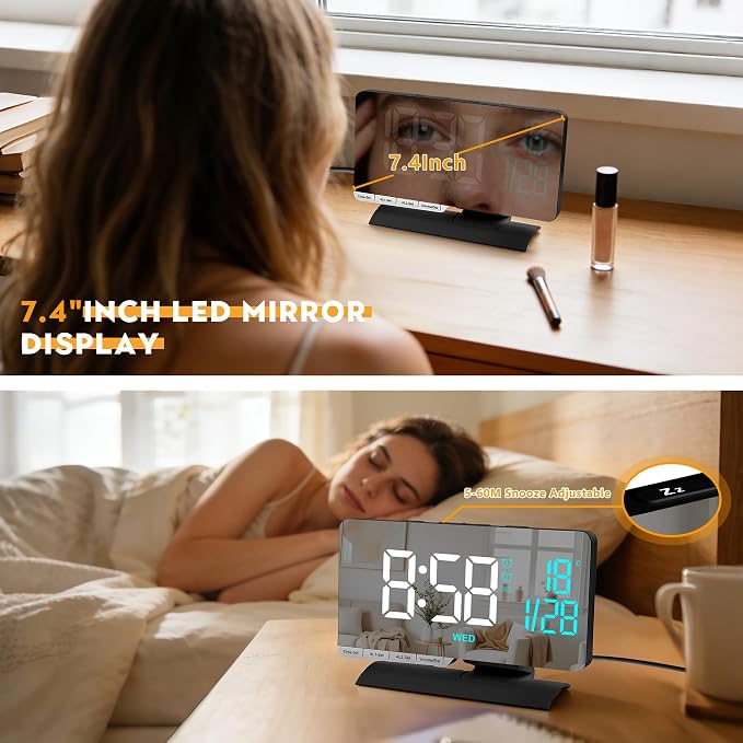 SZELAM Digital Clock,Alarm Clock Bedside,7.3'' Large LED Mirror with Date