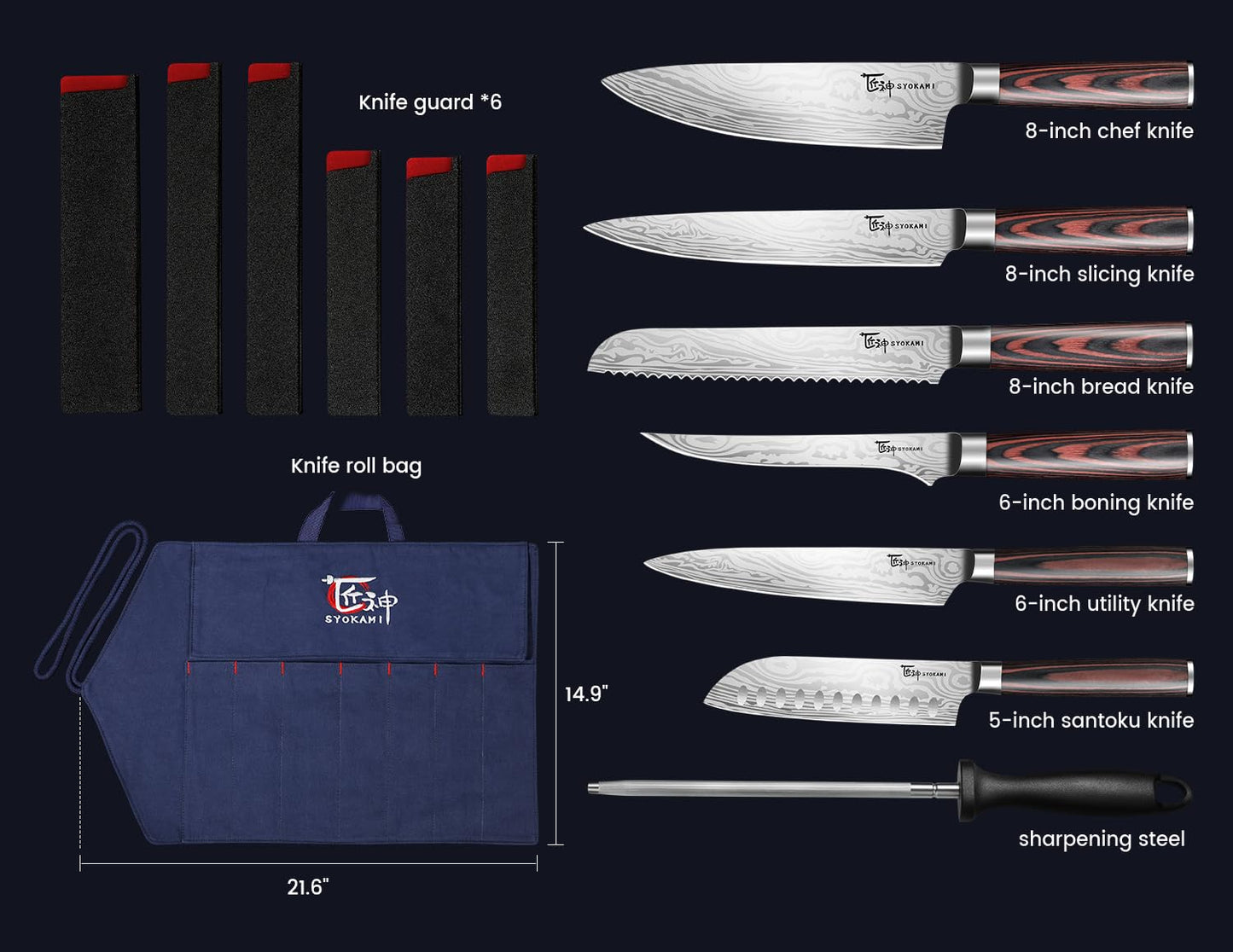SYOKAMI 14pcs Chef Knife Set with Roll Bag, Professional Stainless Steel Japanese Knife Set with Pakkawood Handle for Professional Chef, Camping, Travel, BBQ, RV or Gift