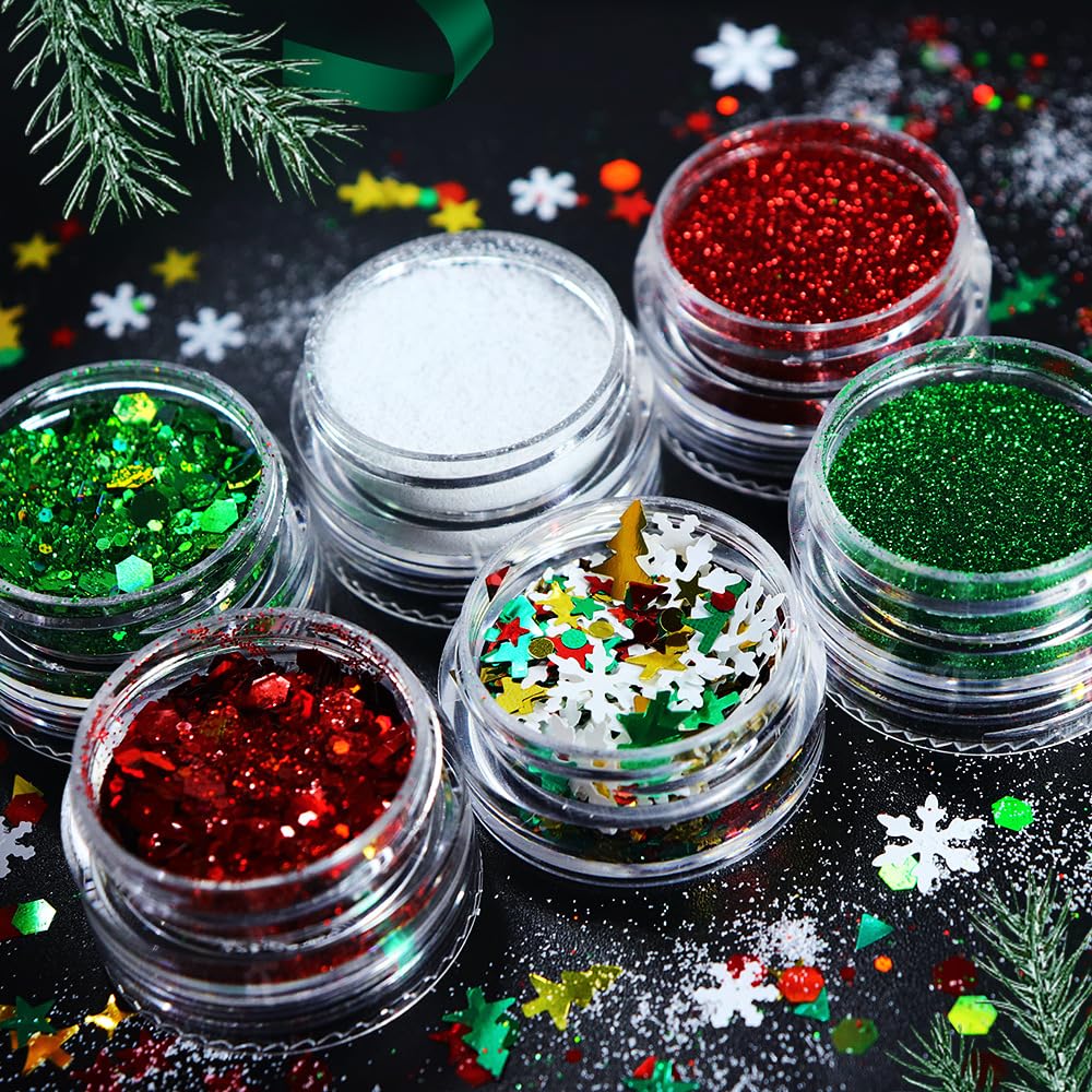 LPOODDNU Winter Nail Art Decorations: Flakes 3D White Snowflake Nail Decals, Green Red Designs, Holographic Christmas Glitters
