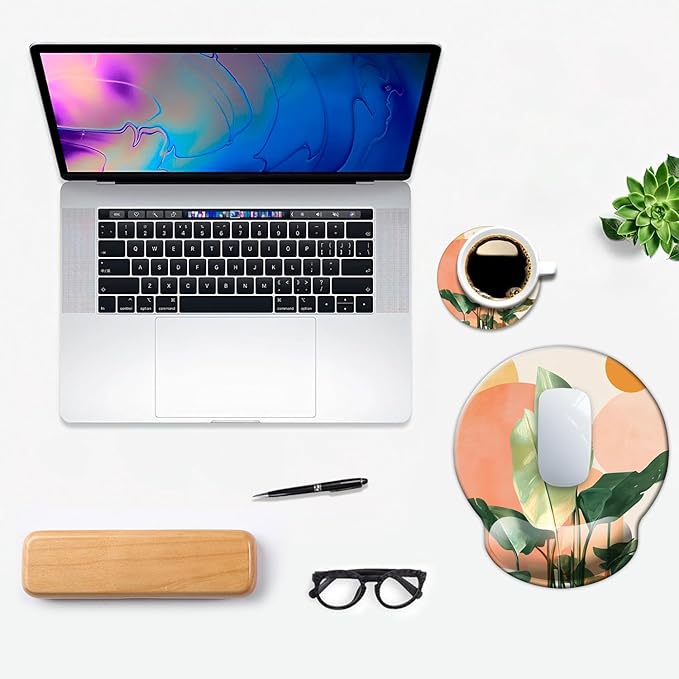 Ergonomic Mouse Pad with Wrist Support,Mouse Pad with Wrist Rest and Coaster Set,Office Supplies Non-Slip Mouse Pads for Desk, Non-Slip Comfortable,Tropical Plants
