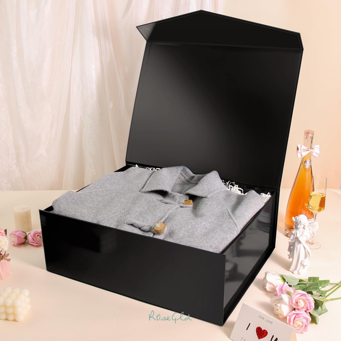 ROSEGLD Extra Large Gift Box 20x16x7.2 Inches, Giant Black Magnetic Gift Box with lids for Presents, Groomsman Proposal Box (Glossy Black)
