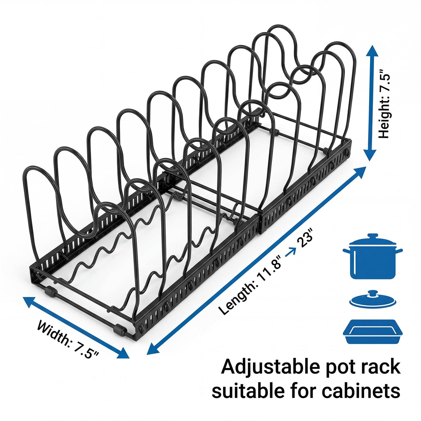 Expandable Pot Rack Organizer for Cabinet, Wave Slot Carbon Steel Pot & Pan Holder with 10 Adjustable Slots, Heavy Duty Cookware Storage for Pans, Lids, Bakeware, Countertop or Under Sink, Black