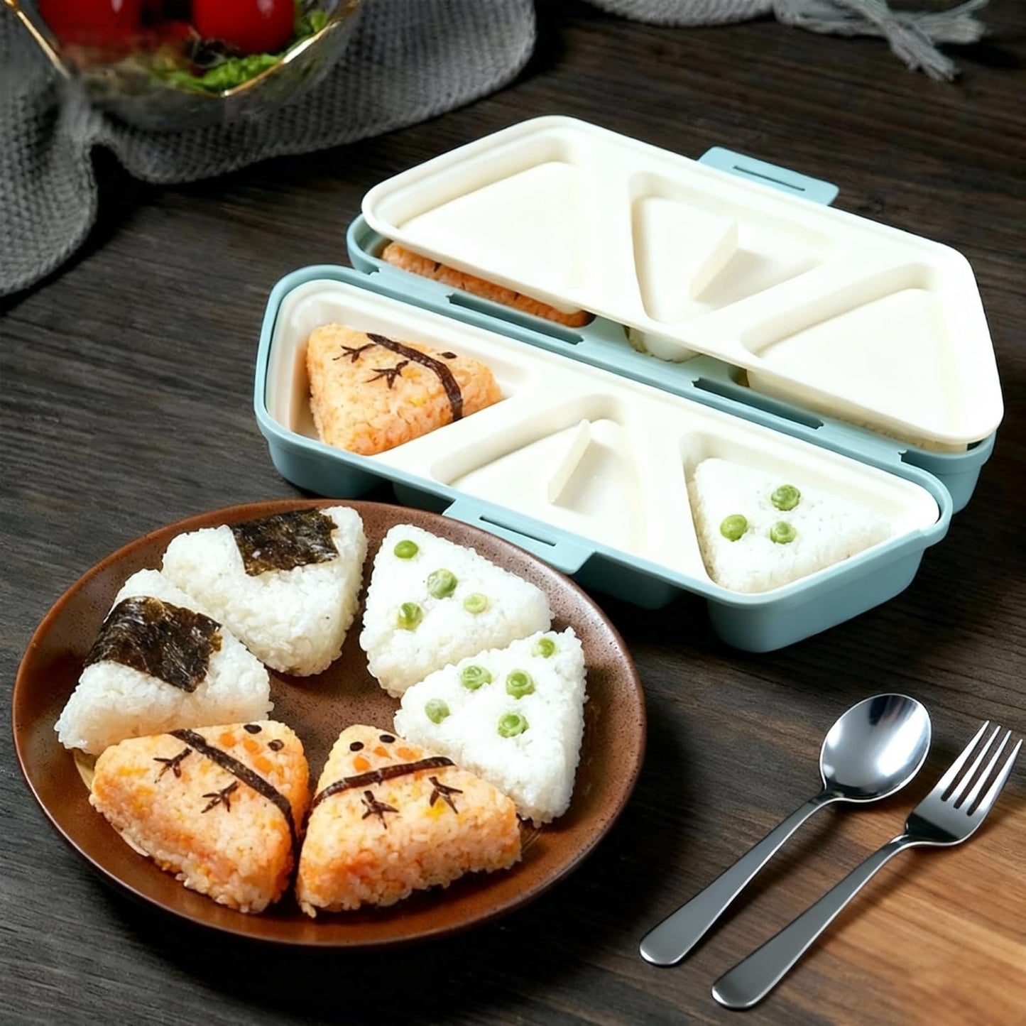 DumFurc 6 in 1 Onigiri Mold Triangle Rice Ball Mold Musubi Press Onigiri Maker Sushi Making Kit Once Quickly Make 6pcs Rice Balls for Lunch and Home DIY (Blue)