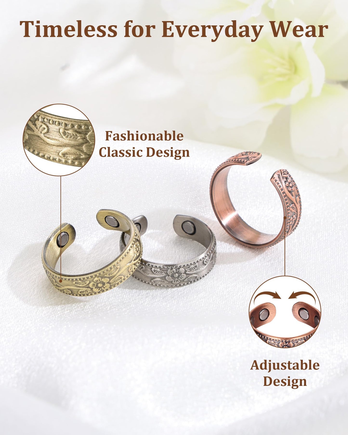 BioMag Magnetic Lymphatic Drainage Ring Set, 3 Pcs 99.99% Pure Copper Rings for Women with 3500 Gauss Magnets, Adjustable Size, Floral Branch and Leaf Pattern