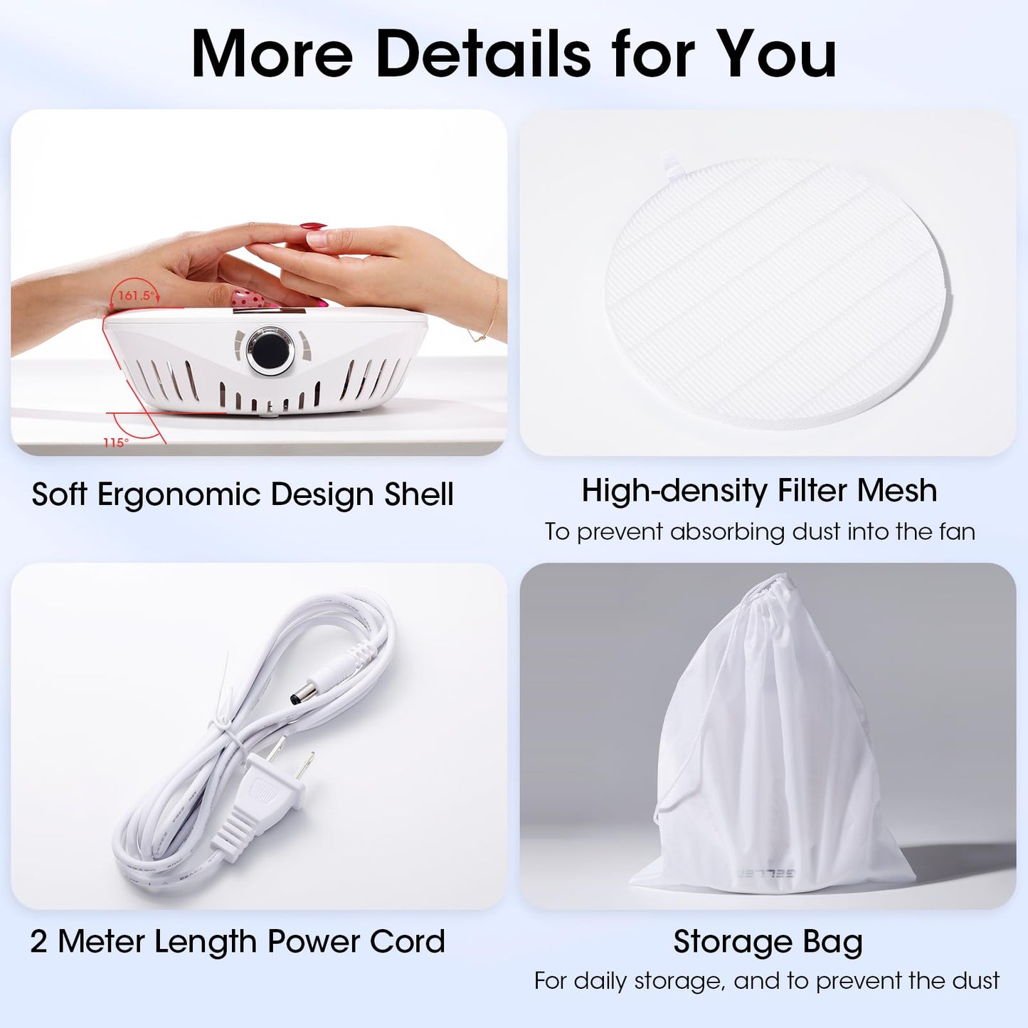 Gellen Nail Dust Collector with LED Display, 4000RPM Powerful Suction Vacuum Fan with Reusable Filter, Soft Ergonomic Shell Nail Vacuum Cleaner for Acrylic Nail Tech, Home & Salon