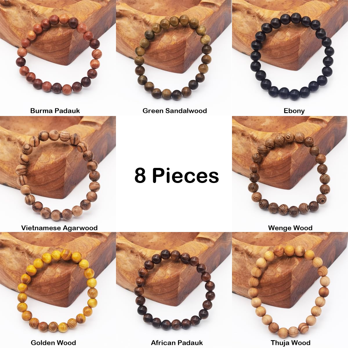 INSPIRELLE 8 Pieces Natural Wood Elastic Beaded Bracelet for Men and Women