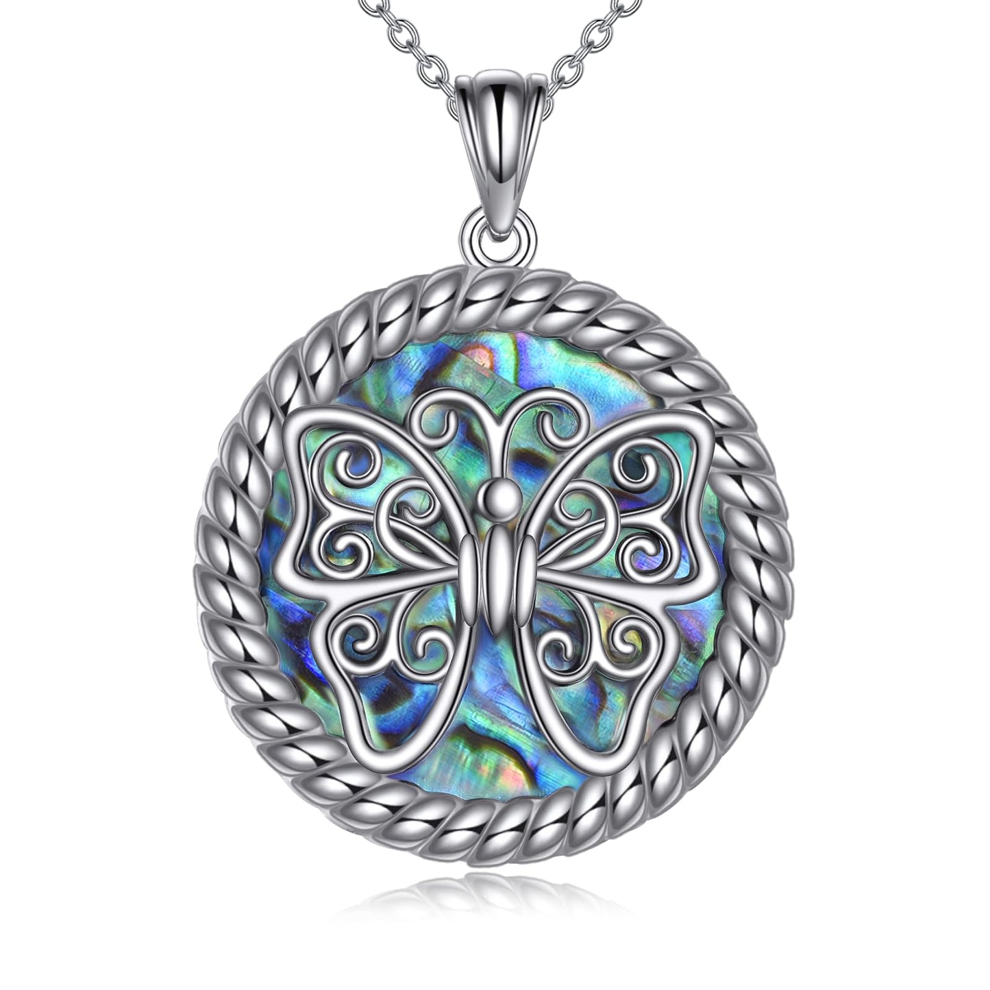 KQF Butterfly Necklace 925 Sterling Silver Filigree Butterfly Pendant Abalone Shell Jewelry Gift for Women Mom Daughter