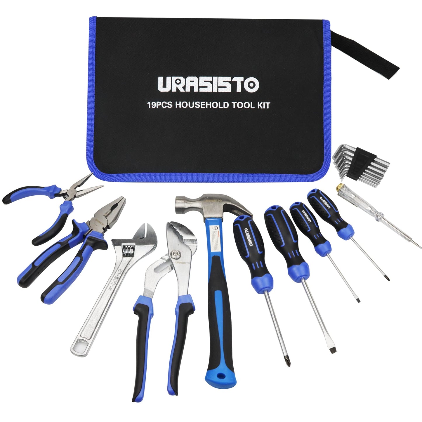 URASISTO 19-Piece Home Tool Kit Hand Tool Set with Easy Carrying Pouch Perfect for DIY, Home Maintenance