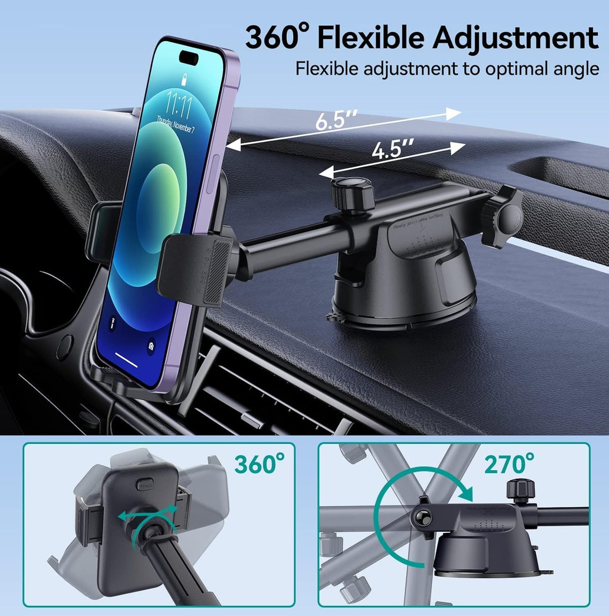 Car Phone Holder Mount, [Military-Grade Suction & Super Sturdy Base] 3 in 1 Universal Phone Mount for Car Dashboard Windshield Air Vent Car Mount for iPhone Android Smartphone GPS Navigator