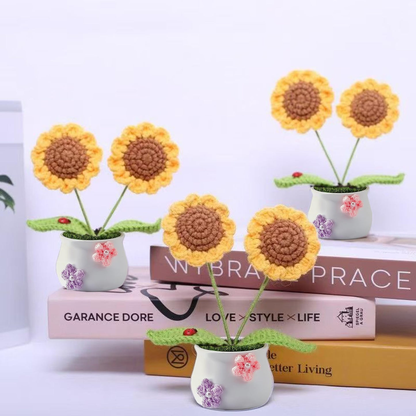 2 Pcs Handmade Crochet Sunflower with Mini Planter Pot - Zero Maintenance Desk Decor, Car Dashboard & Kitchen Decor, Durable Fade-Resistant Gift for Women, Plant Lovers, Unique Home&Office Decoration