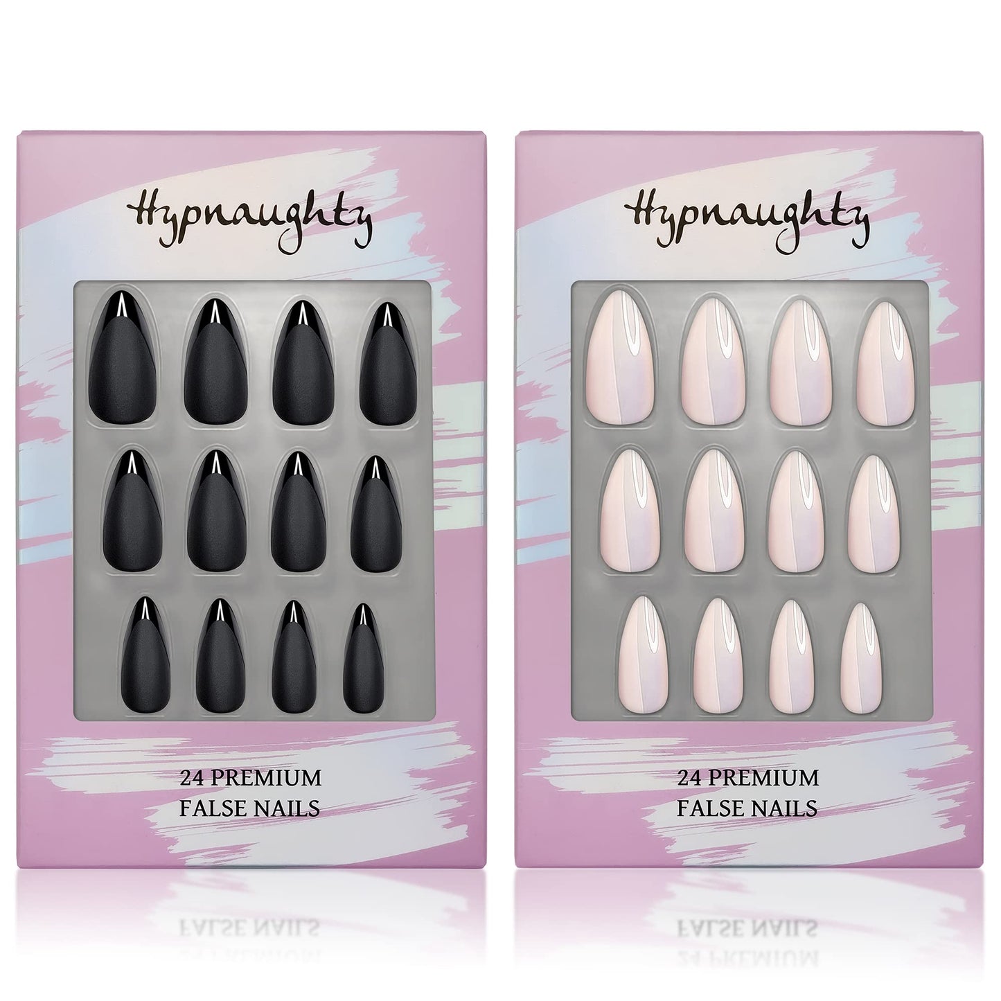 Hypnaughty Press On Nails - Caviar & Light Peach Almond Chrome, Trendy & Salon Quality Reusable Nails With Kit