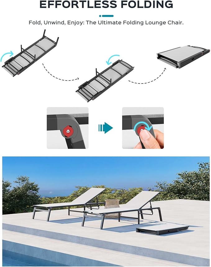 Aluminum Chaise Lounge Ourdoor - Foldable & Assemble Free Outdoor Lounge Chair with 5 Adjustable Backrest, Patio Lounge Chair for Outside Poolside Beach Pool, White