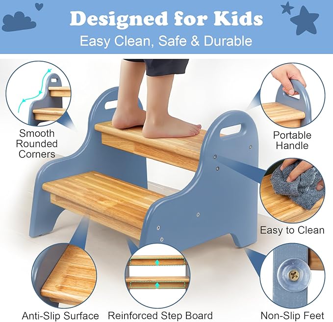StrongTek Kids 2 Step Stool, Rubber Wood Step for Children, Safe & Sturdy, Ideal for Bathroom, Kitchen, Home Use, Durable, Non-Slip, Child Safety, Foot Stool, Toddler Step Stool, Easy to Clean