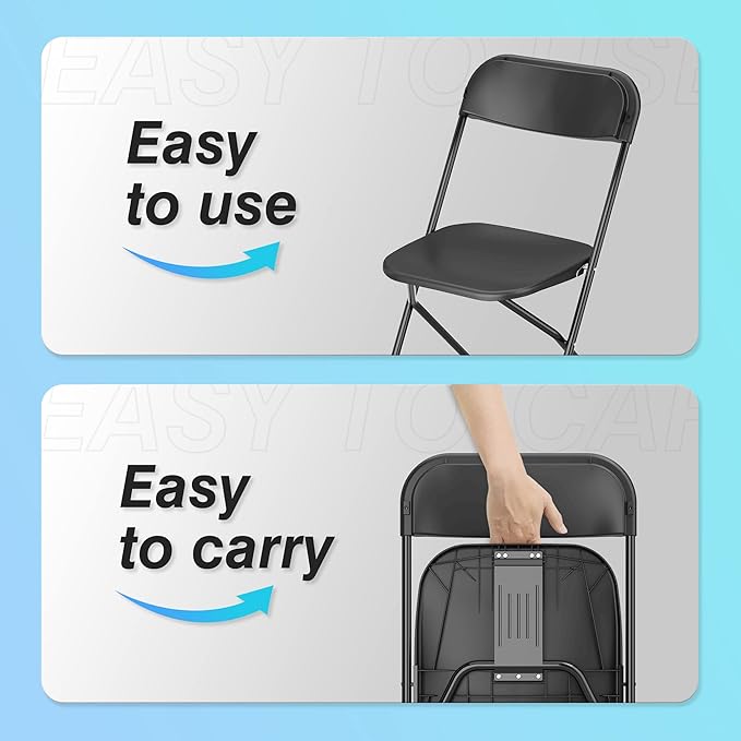 Allpop 10 Pack Plastic Folding Chair, 300lb Capacity, Portable Commercial Chair with Steel Frame for Home Office Wedding Party Indoor Outdoor Events, Stackable, Black