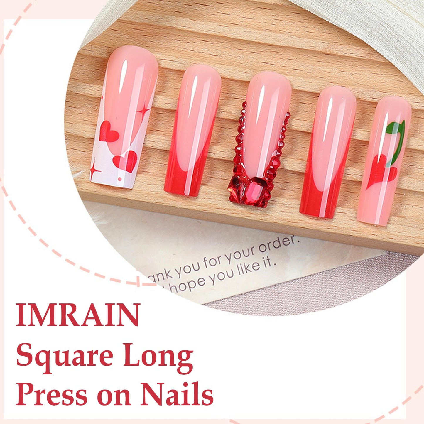 IMRAIN Red Press on Nails Long Square Fake Nails Rhinestone French Nail Tips Full Cover Acrylic Glossy False Nails with Cherry Heart Designs Glue on Nails