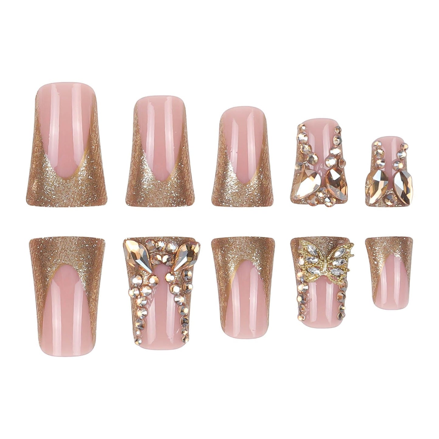 RUOKEXIN Long Press Duck False Nails Gold Glitter French Tip with Gold 3D Butterfly Designs - Glossy Artificial Nails, Cute Stick Ons for Women - 24Pcs