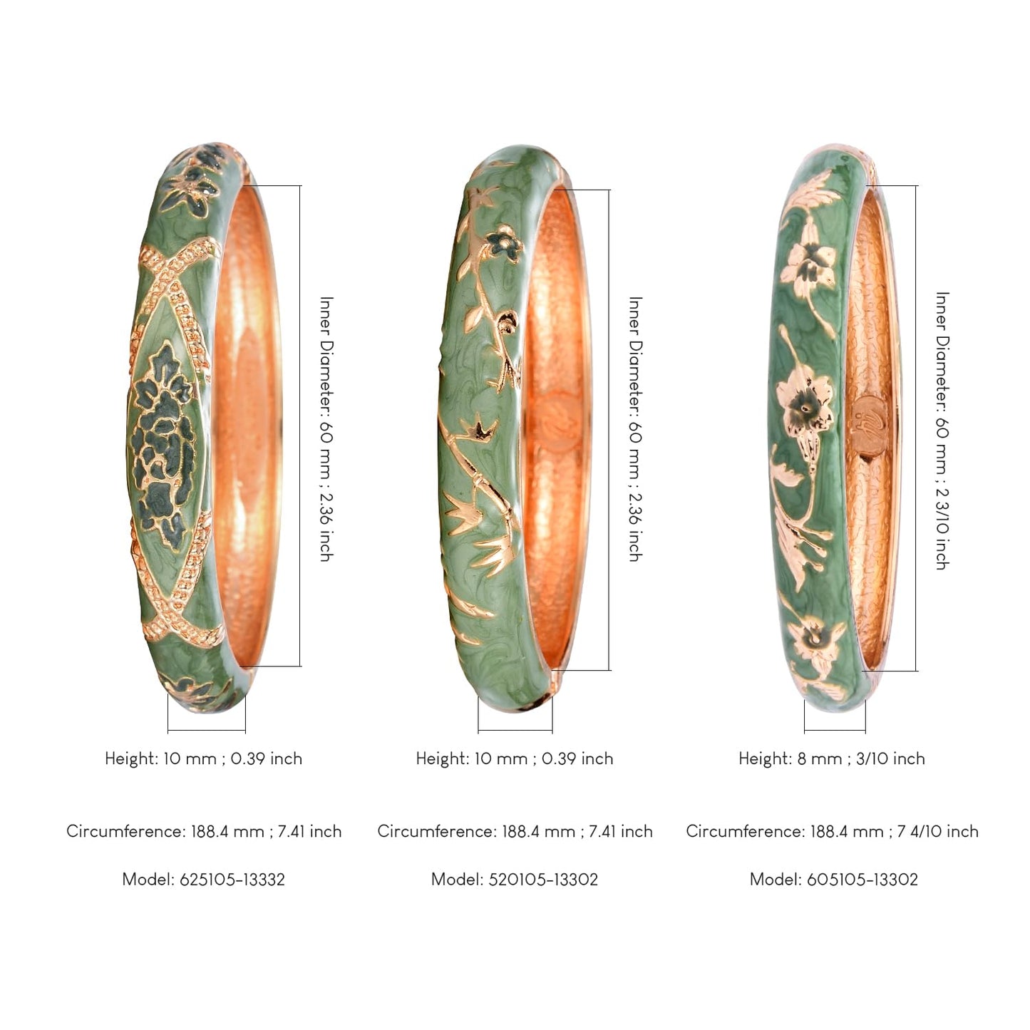 UJOY Womens Multi-Colors Cloisonne Bracelet Gold Plated Flower Enameled Hinged Cuff Bangles Jewelry Gift 55A-3PCS Green