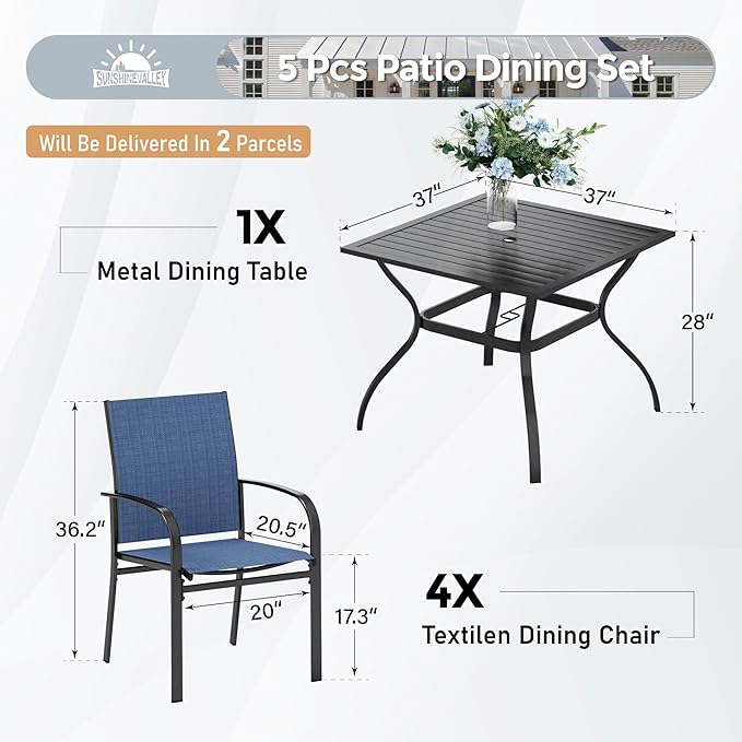 5 Piece Patio Dining Set for 4, 37”x37” Square Table with Umbrella Hole and 4 Metal Blue Chairs, Outdoor Table and Chairs Set for Lawn Backyard and Deck