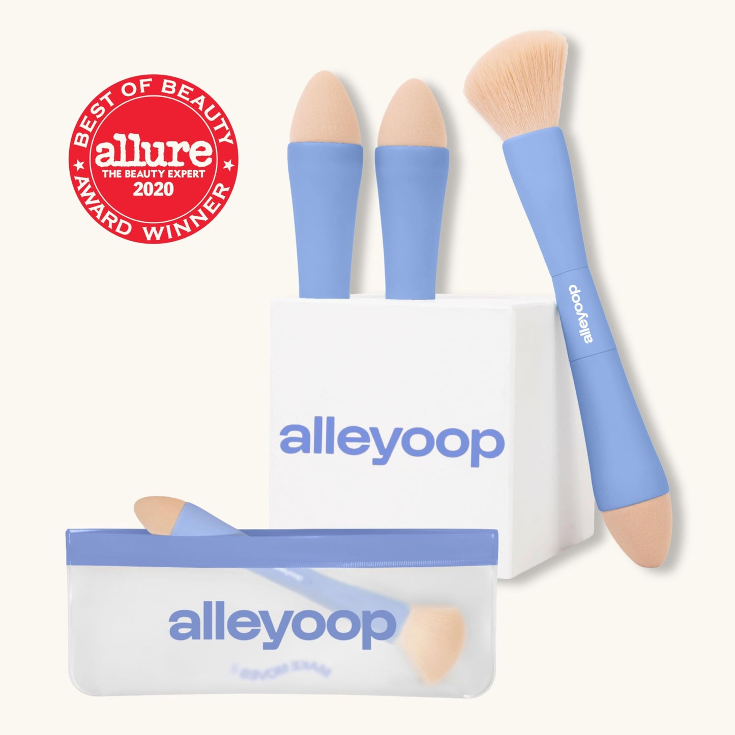 Makeup Brush Set Alleyoop Multi-Tasker 4-in-1 Travel Make Up Brush Set + Blending Sponge Refill Pack – Compact Makeup Brushes for Foundation, Blush, Bronzer, Contour, Eyeshadow, Brows & Liner