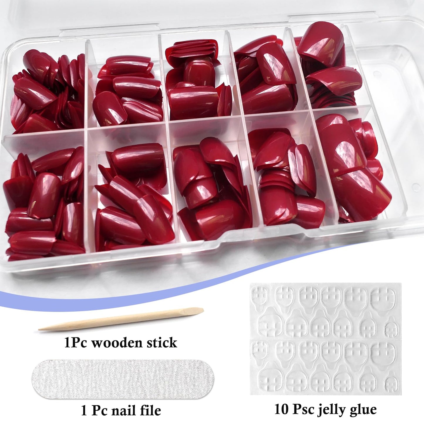 LuckForever Short Press on Nails 240pc Glossy Red Press on Nails Short Square Fake Nails Full Cover Round Fingernails Tips 10 Sheet Nail Glue Adhesive Tabs, Wooden Sticks Files Tools for Women Girls