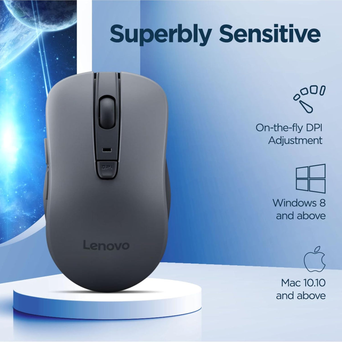 Lenovo WL310 Bluetooth Silent Mouse, Ergonomic, Adjustable DPI, Silent Clicks, Bluetooth 5.0, Portable for Windows, Mac, and Chromebook, Grey