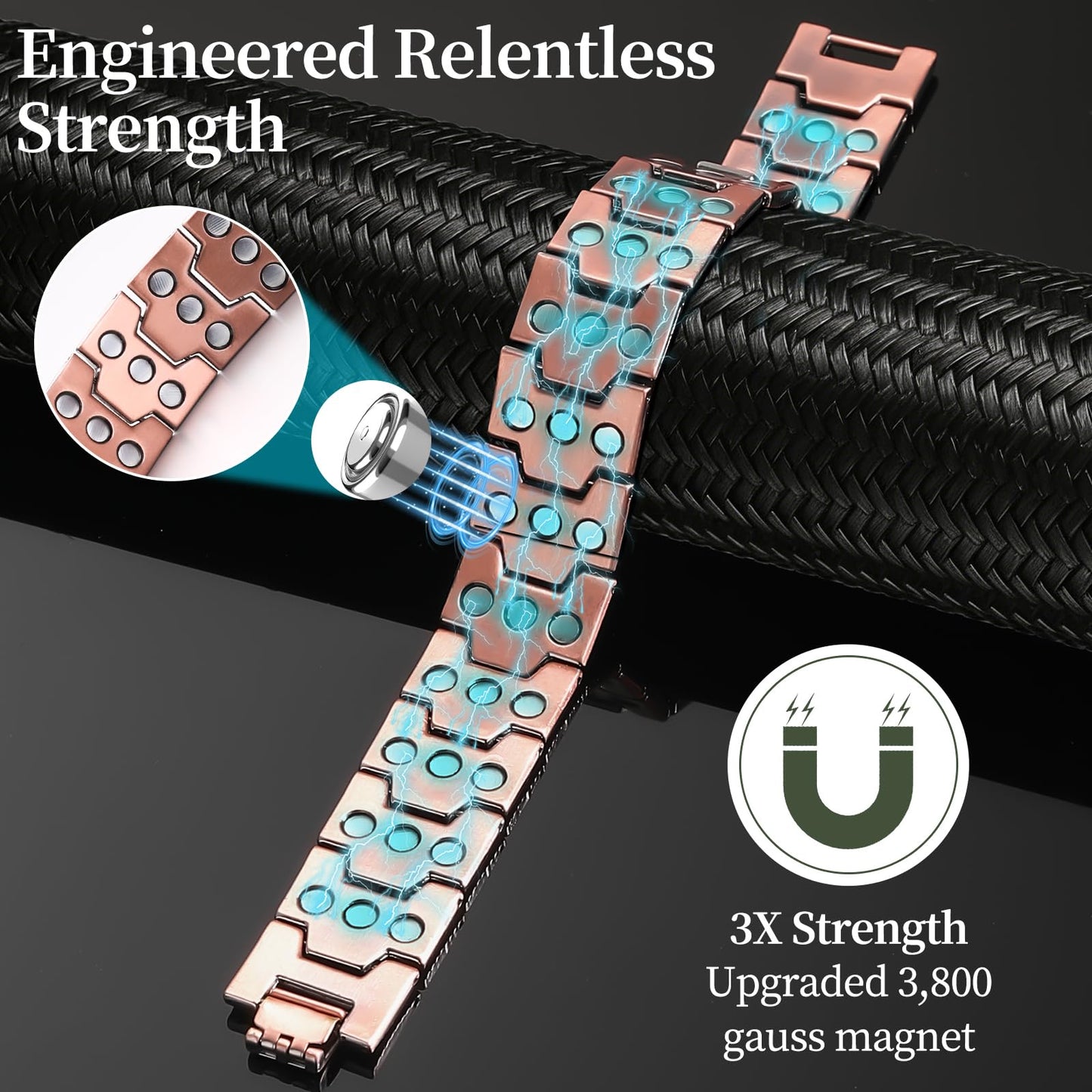 Fvbber 3X Magnetic Bracelets for Men Triple Strength Magnets with Pure Copper Adjustable Length Bracelet for Wrist Support & Wellness - Includes Sizing Tool and Gift Box (Black)