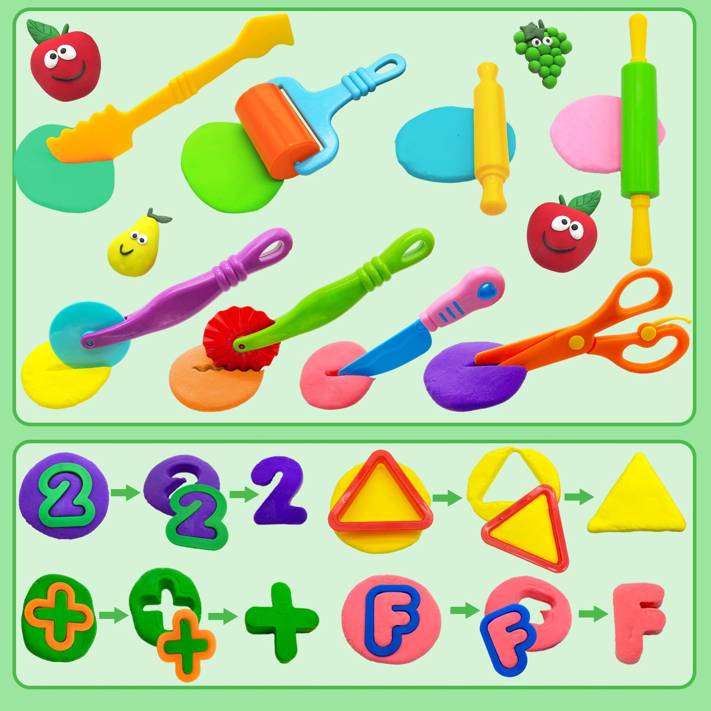 iShyan Dough Tools 55 PCS Dough Play Tools Set for Kids, Plastic Alphabet Numbers Shapes Cutters, Rollers, Scissors