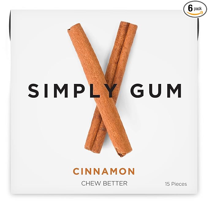 SIMPLY Gum Cinnamon, Plastic-Free Natural Chewing Gum, 6 Pack (90 Pieces) | Vegan, Kosher, Non GMO, Aspartame Free and Sorbitol Free