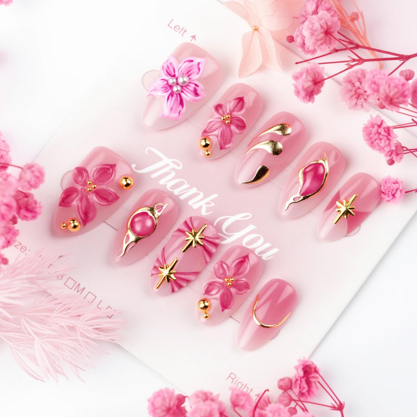 Almond Press on Nails Medium Fake Nails Pink Acrylic Nail Press Ons Seeneey Purple Floral and Gold Charm Designs Beach Stick on Nail for Women 30pcs