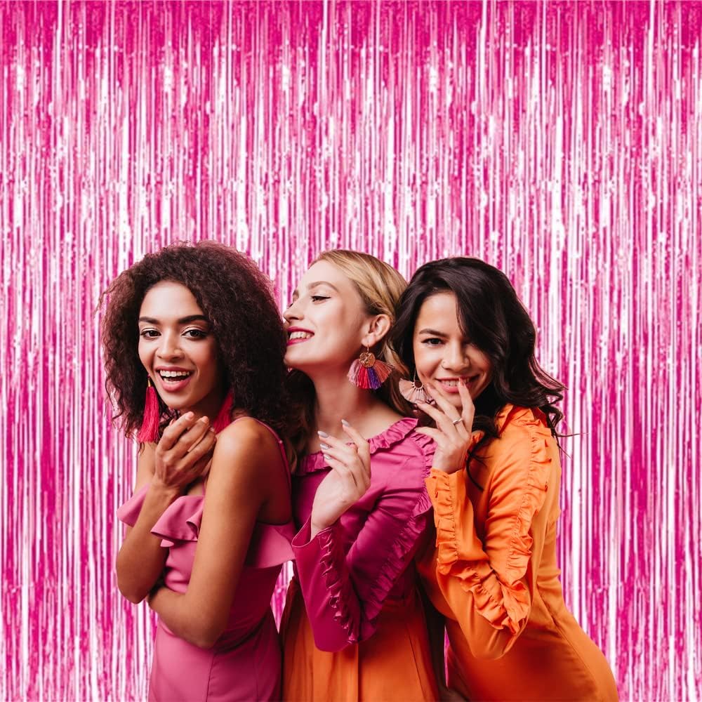 GOER 3.2 ft x 8.2 ft Metallic Tinsel Foil Fringe Curtains Party Photo Backdrop Party Streamers for Galentines Day,Birthday,Graduation,New Year Eve Decorations Wedding Decor (4 Packs,Hot Pink)