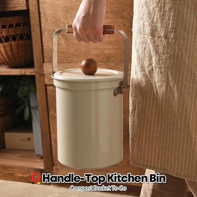 Kitchen Countertop Compost Bin 101ounces / 3Liters, Airtight Lid SUS304 Stainless Steel Odor-Free Food Waste Bin with Wooden Handle Stylish Design Bathroom Trash Can (Off-White)