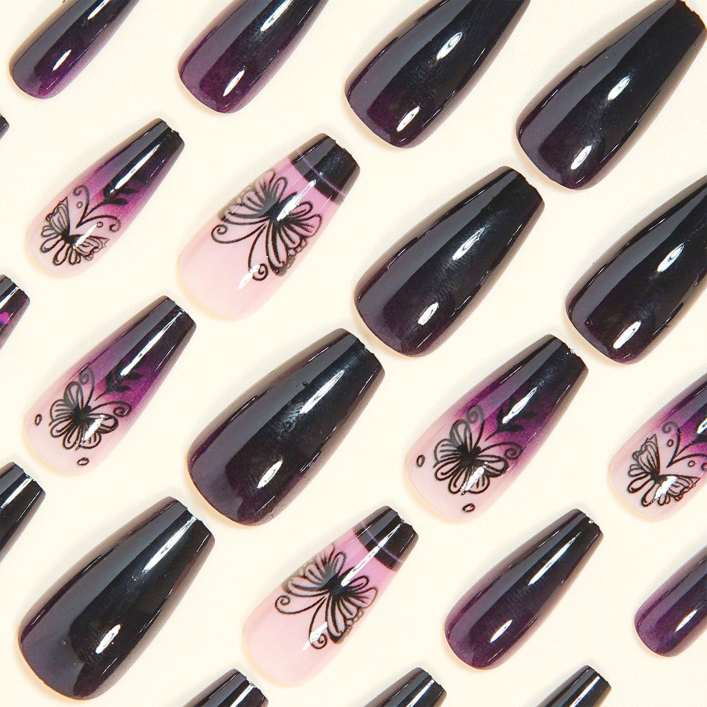 Burgundy Press on Nails Medium Coffin Fake Nails with Black Butterfly Designs Glossy Nails Press ons Pink Gradient Glue on Nails Acrylic Nails Artificial Stick on Nails for Women 24Pcs