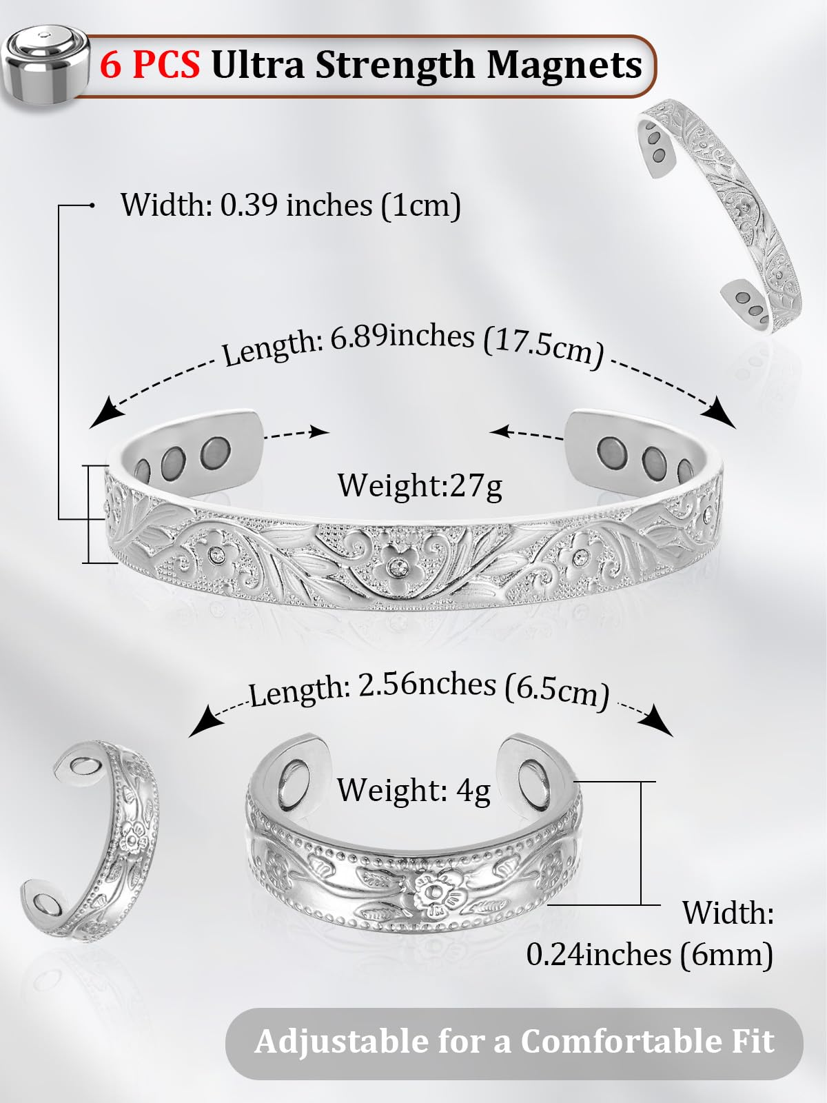 BioMag Lymphatic Drainage Ring & Copper Bracelet, 99.99% Pure Copper Magnetic Bracelet & Ring with Built-in 3500 Gauss Magnets, Adjustable Size,Floral Branch and Leaf Pattern