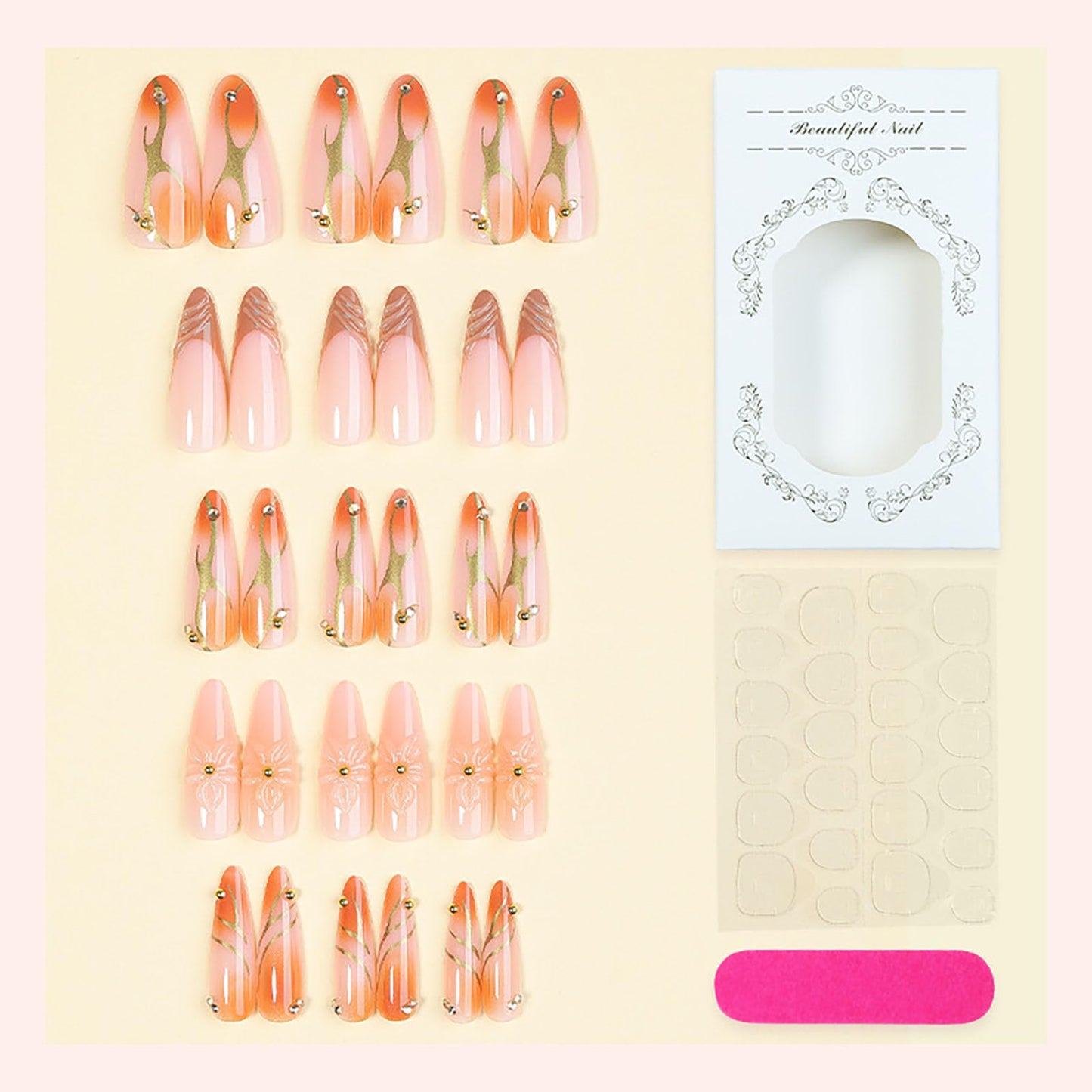 RUOKEXIN Long Almond Press on Nails French Tip Fake Nails Brown False Nails with 3D Flower Designs Stiletto Nail Press ons Sparkly Artificial Nails for Women 30Pcs