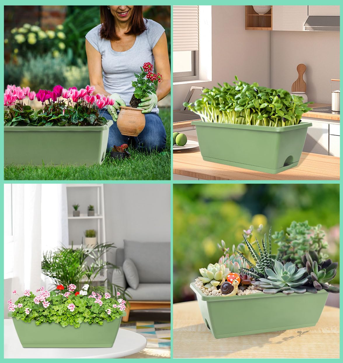 LOCONHA Window Box Planter, Plastic Vegetable Flower Planters Boxes 17 Inches Rectangular Flower Pots with Saucers for Indoor Outdoor Garden, Patio, Home Decor (7, Aqua)