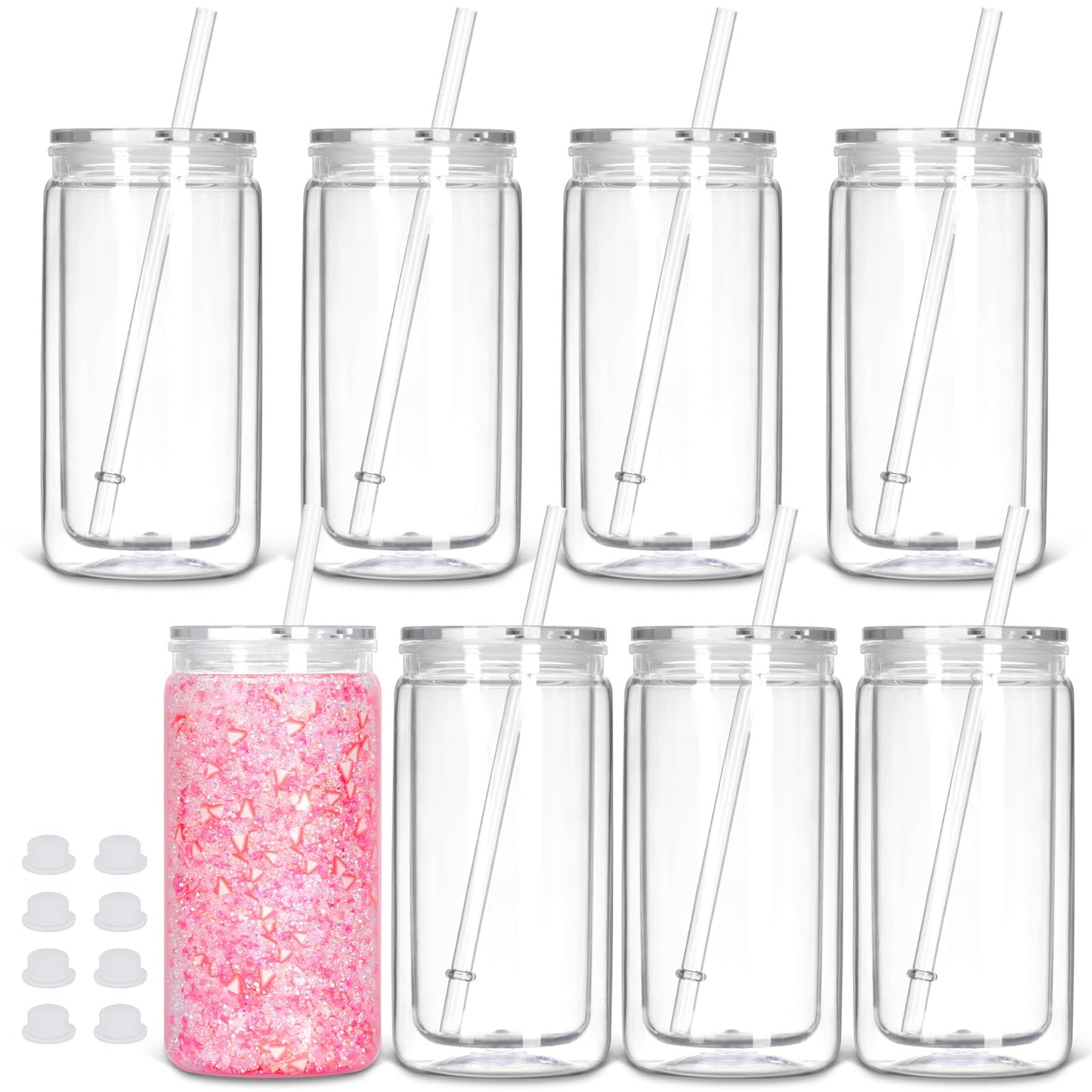 Tswofia 8 Pack Snow Globe Tumbler, 16 Oz Double Wall Plastic Can with Lid and Straw, Mason Jar Mug for Snow Globe Glitter DIY Gift (Clear)