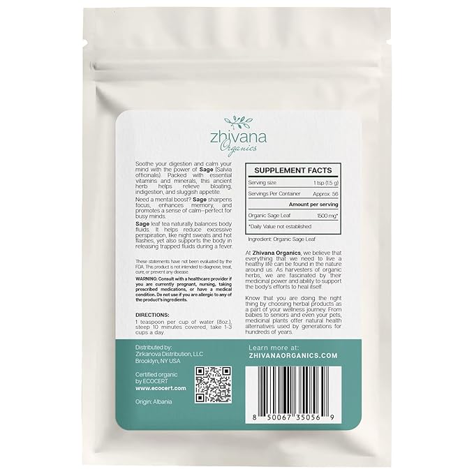 Organic Sage Leaves (4 oz.) - Sage Tea Loose Leaf (Salvia officinalis) – Salvia Tea for Mind & Body Wellness - Focus and Clarity