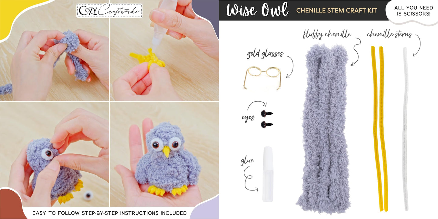 WeVeel Cozy Craftworks Chenille Stem Animal Craft Kit for Adults – Create 4 Adorable Animals (Kitty, Puppy, Bird & Owl) – Relaxing DIY Arts & Crafts Kit with All Supplies