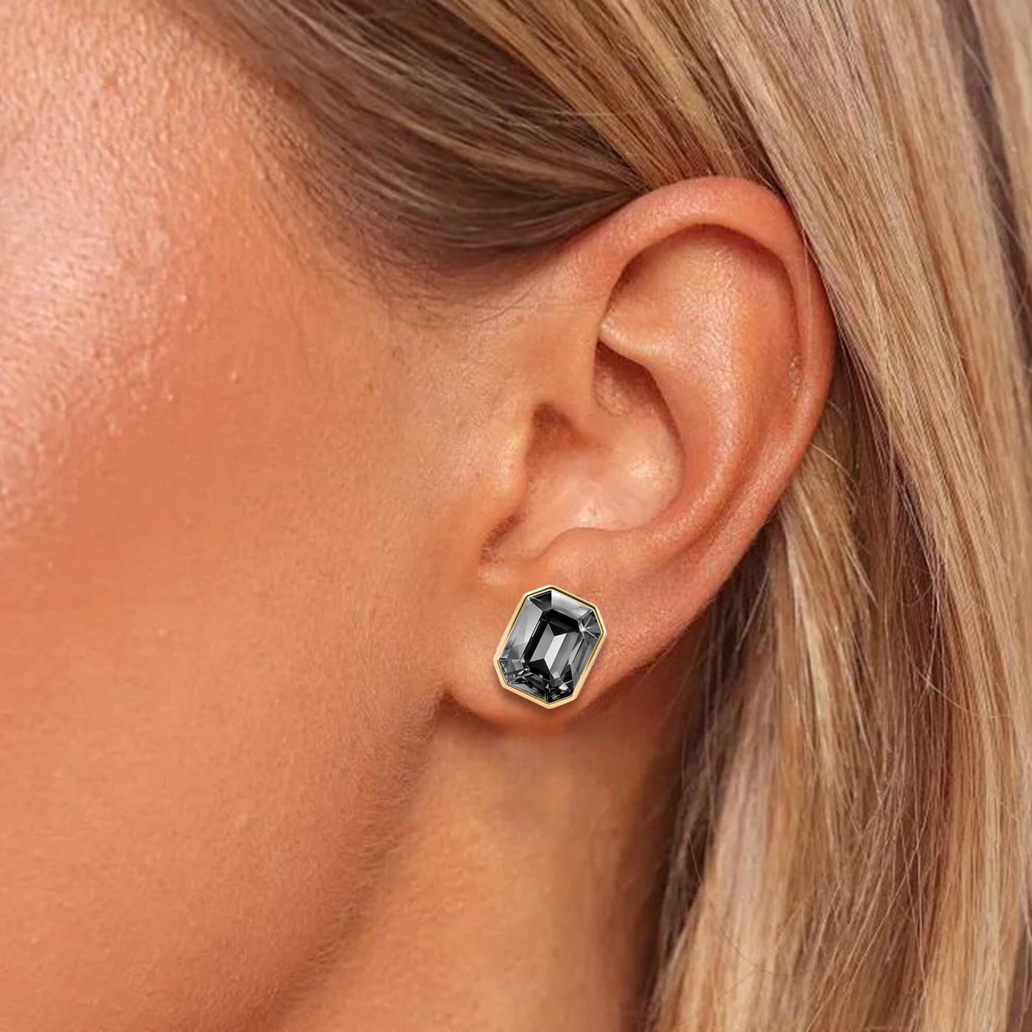 Austrian Crystal Octagon Stud Earrings for Women Fashion 925 Sterling Silver Post Hypoallergenic Jewelry (Black)
