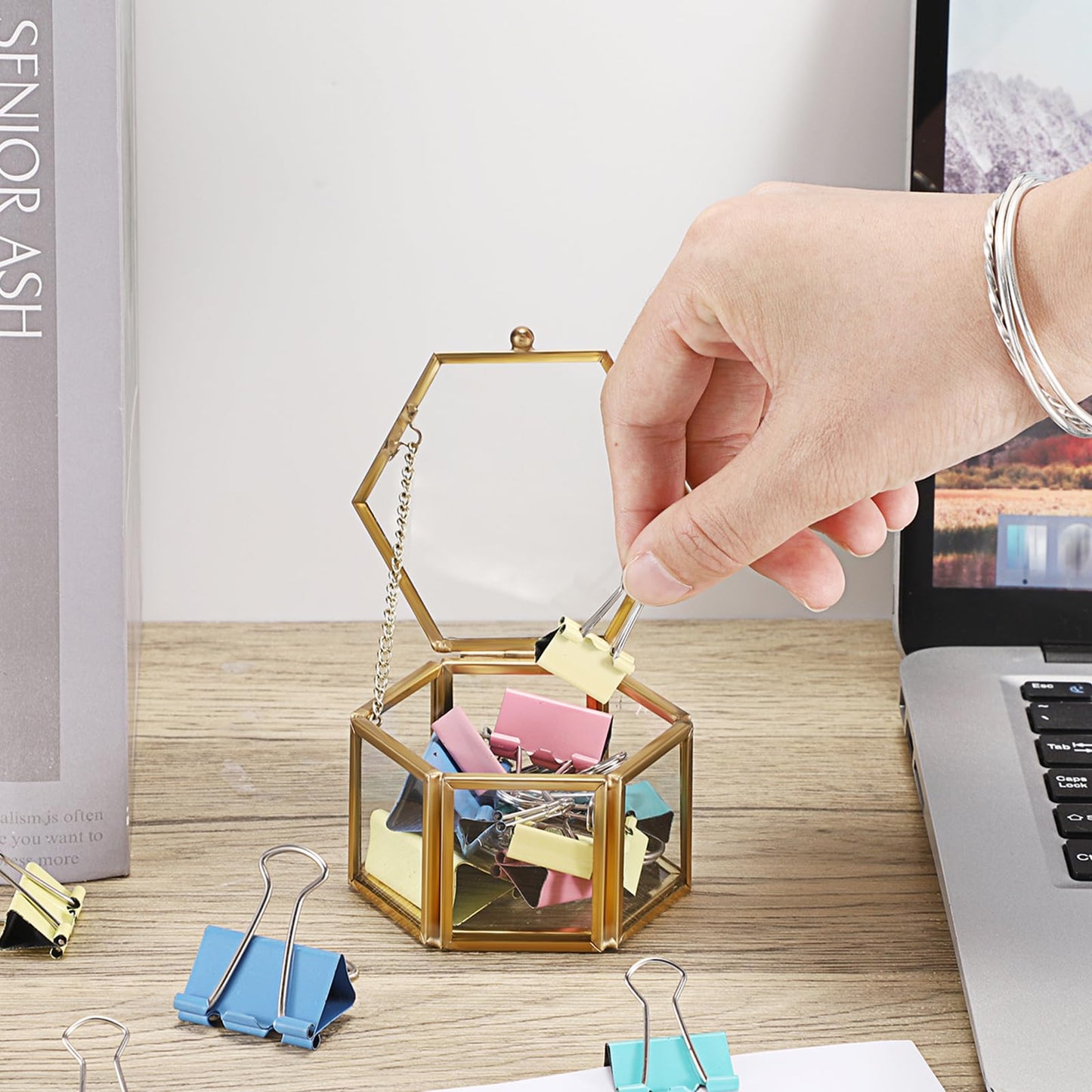 BTSKY Golden Glass Paper Clip Holder, Compact Hexagon Binder Holder for Desk, Clear Elegant Paper Clip Dispenser, Decorative Mini Storage Box Small Office Supply Accessory Organizer
