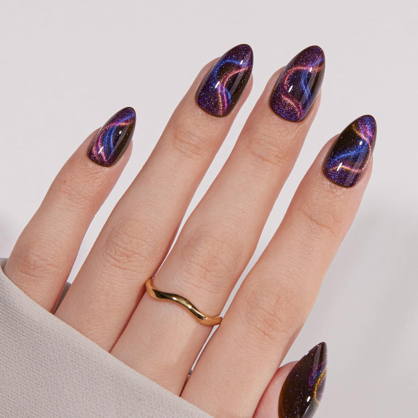 VSALON Press on Nails Short Almond - Cat Eye Dark Purple Shimmer Nails Kit for Women, Blue Pink Ribbon Shining Reusable Opaque Salon Quality Glue on Nails - 32 PCS 16 Sizes