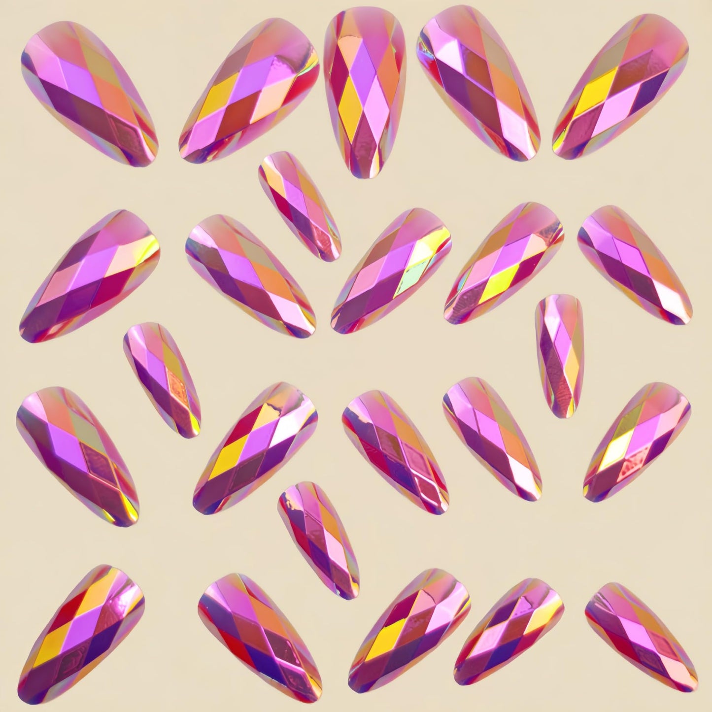 RUOKEXIN Almond Press on Nails Medium Length Fake Nails Pink Chrome False Nails with 3D Rhombus Designs Full Cover Nail Press ons Sparkly Artificial Nails for Women 24Pcs
