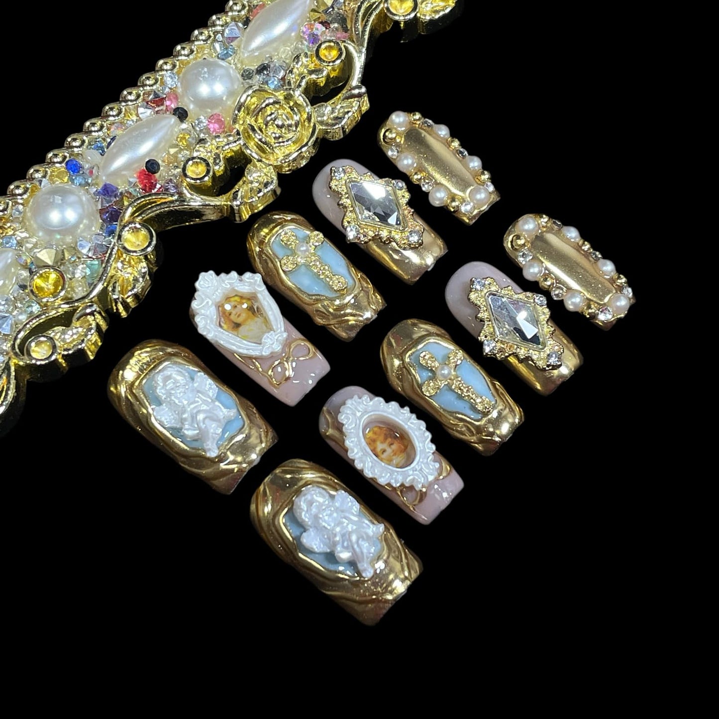 Handmade Press On Nails Luxury Baroque Gold Cross, Cherubs & Pearl Frames | Medium/Short Square | Reusable Thick Acrylic False Nails (Baroque, S)